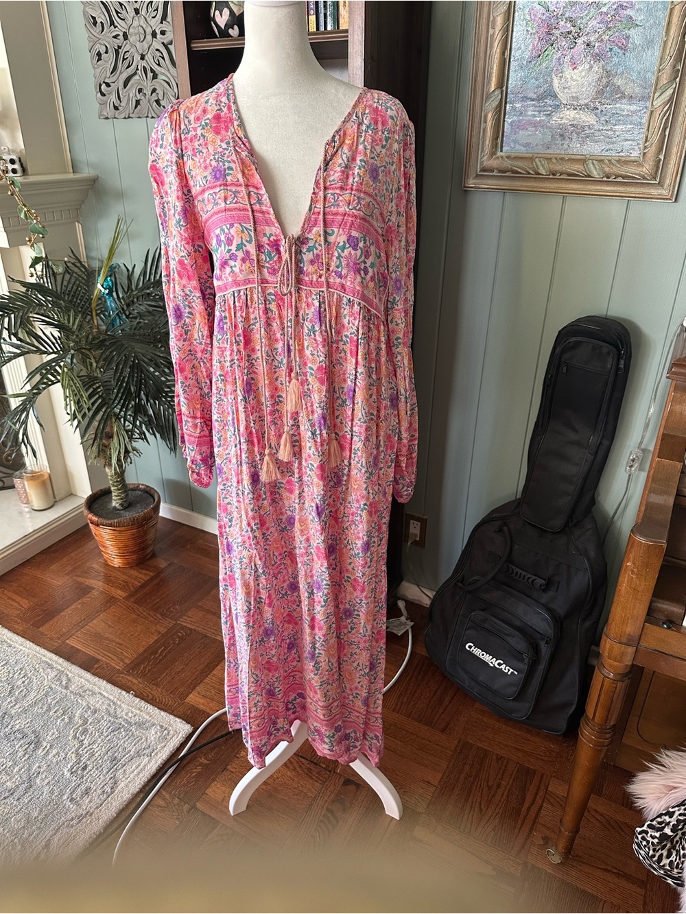 Lance Cade Boho Pink Floral Maxi Dress with Tassel Ties